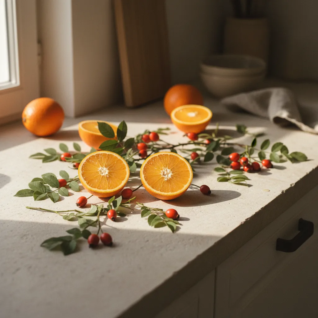 Färska citrusfrukter, nypon och gröna blad på ett ljust köksbordsunderlag