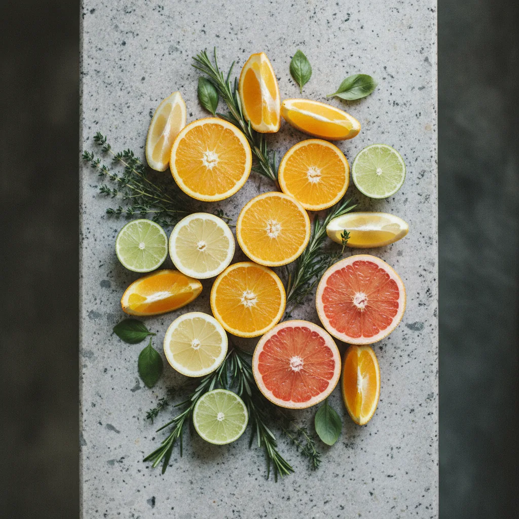 Färska citrusfrukter och gröna örter upplagda på en stenbänk i naturljus